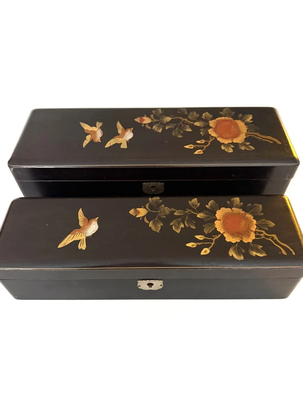 Japan Black Hinged Hand Painted Floral Bird Signed SS Japan Rectangle Boxes
